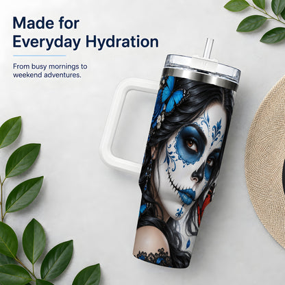 Blue Sugar Skull Butterfly 40oz Tumbler, Stainless Steel for Daily Use