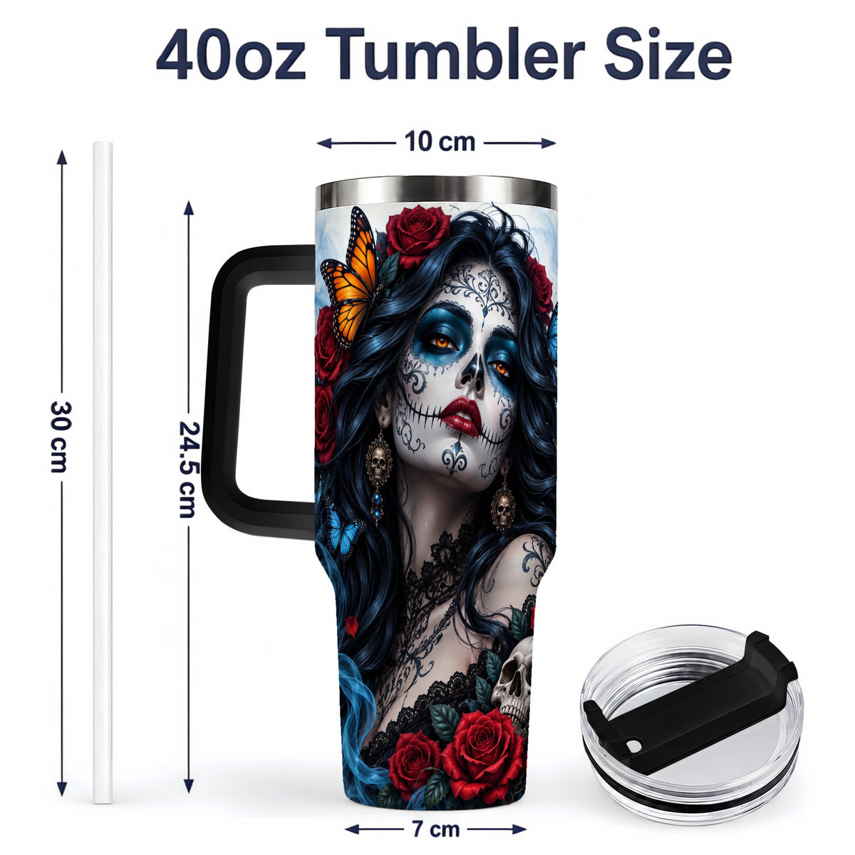 #pl[40oz|Black] Sugar Skull Rose Butterfly 40oz Tumbler, Stainless Steel for Daily Use