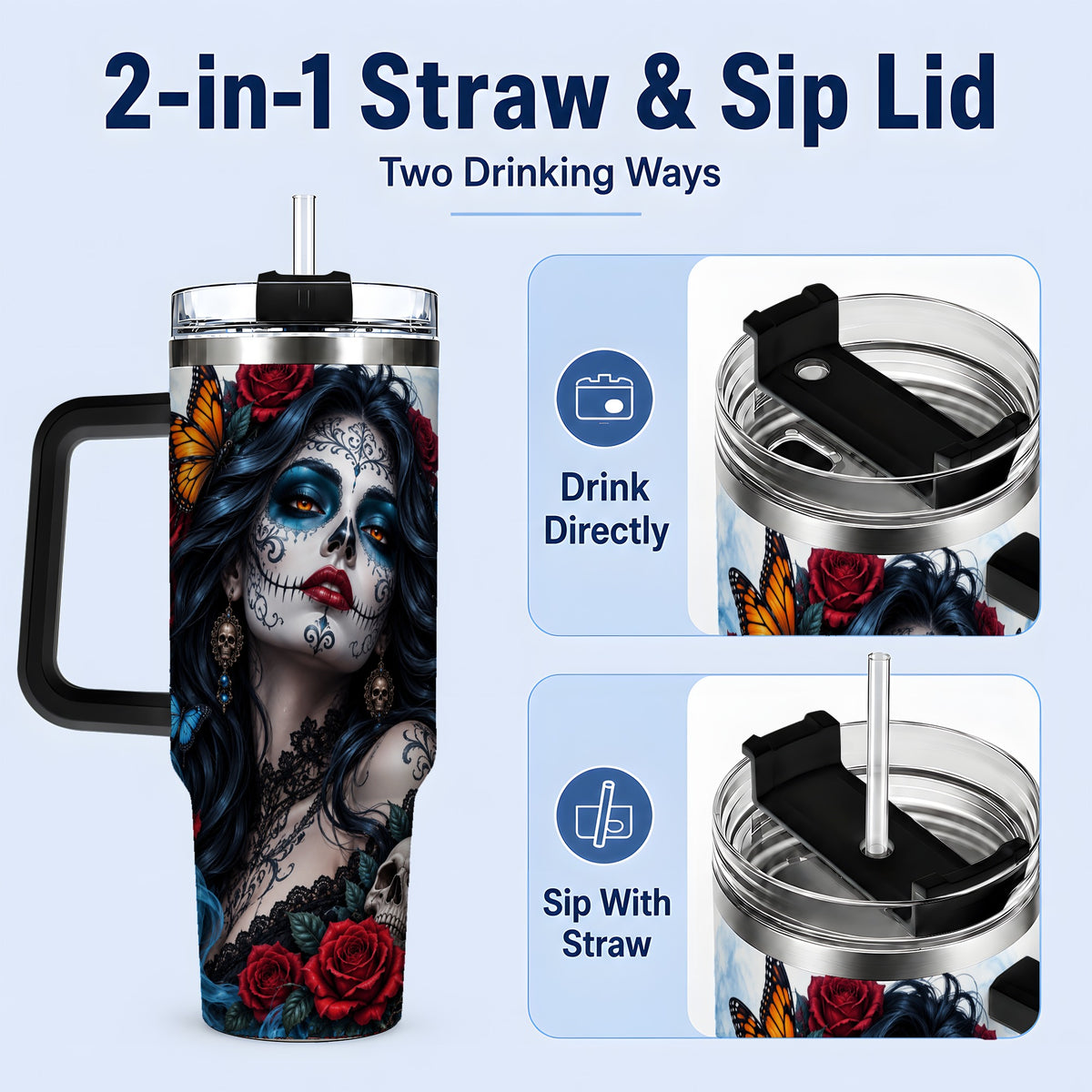 #pl[40oz|Black] Sugar Skull Rose Butterfly 40oz Tumbler, Stainless Steel for Daily Use