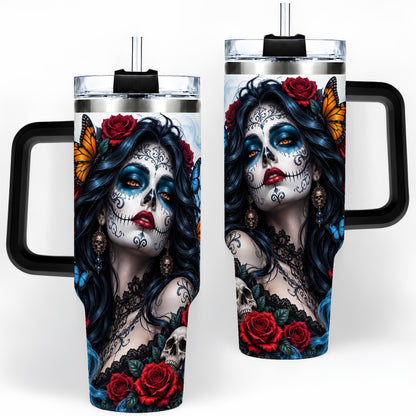 #pl[40oz|Black] Sugar Skull Rose Butterfly 40oz Tumbler, Stainless Steel for Daily Use