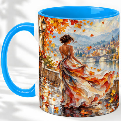 #pl[11oz|Blue] Autumn Riverside Woman Accent Mug with Scenic City Art for Coffee