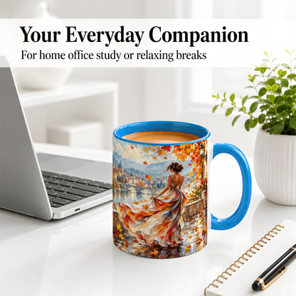 #pl[11oz|Blue] Autumn Riverside Woman Accent Mug with Scenic City Art for Coffee