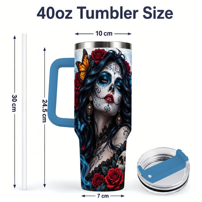 #pl[40oz|Blue] Sugar Skull Rose Butterfly 40oz Tumbler, Stainless Steel for Daily Use