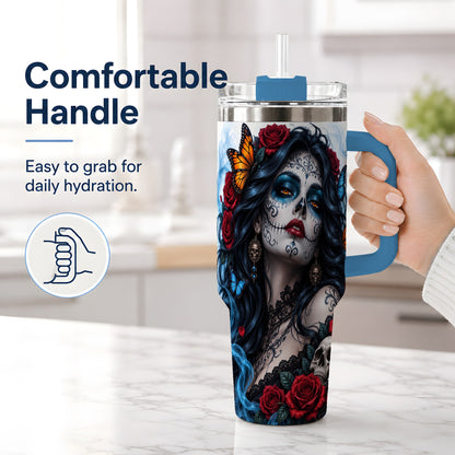 #pl[40oz|Blue] Sugar Skull Rose Butterfly 40oz Tumbler, Stainless Steel for Daily Use