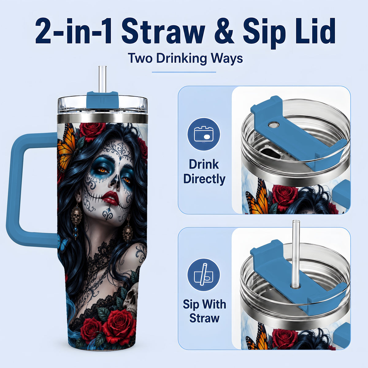 #pl[40oz|Blue] Sugar Skull Rose Butterfly 40oz Tumbler, Stainless Steel for Daily Use