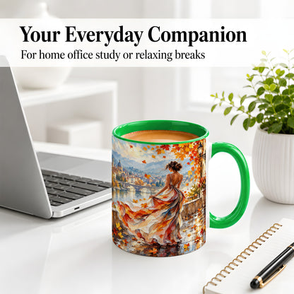 #pl[11oz|Green] Autumn Riverside Woman Accent Mug with Scenic City Art for Coffee