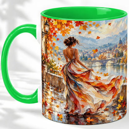 #pl[11oz|Green] Autumn Riverside Woman Accent Mug with Scenic City Art for Coffee