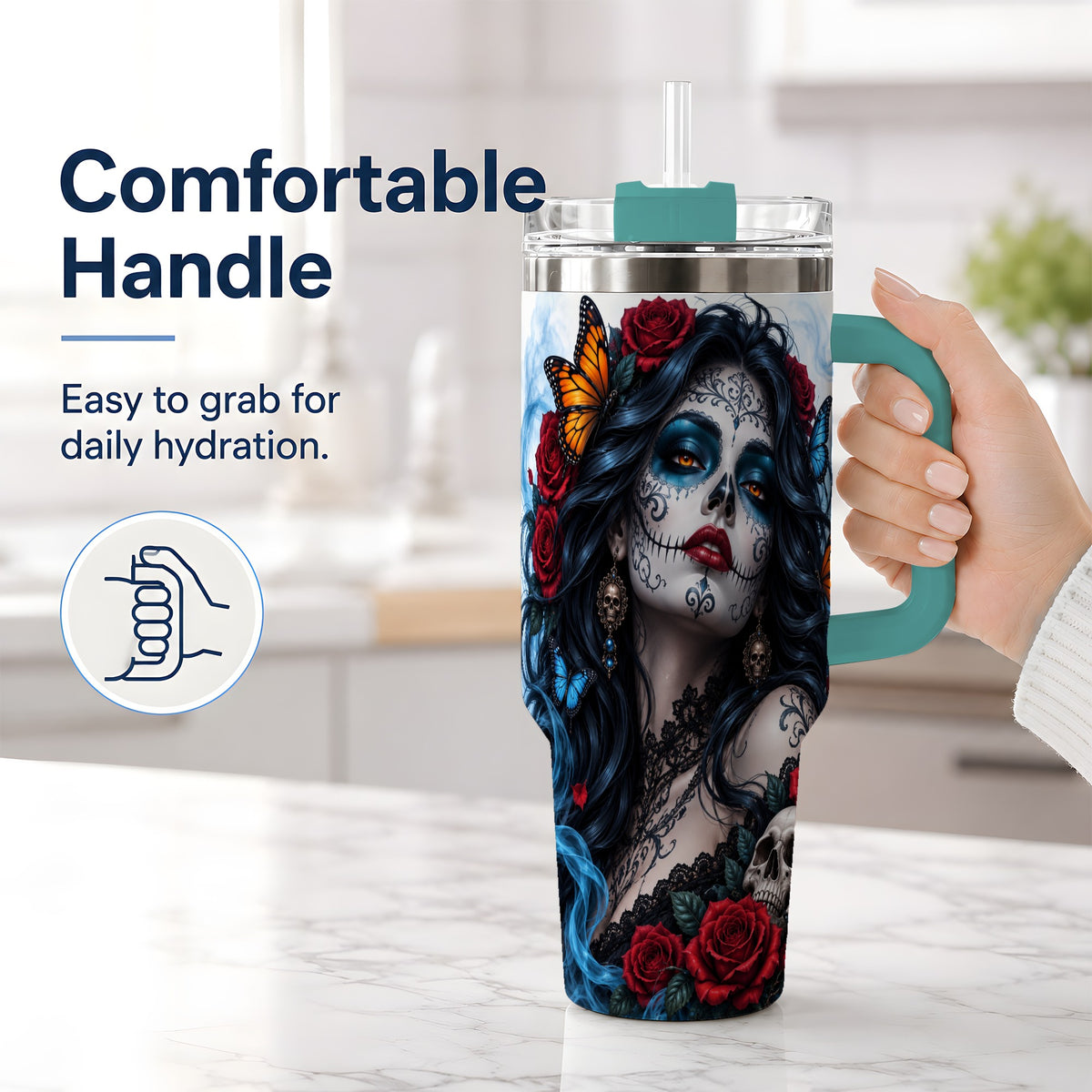 #pl[40oz|Green] Sugar Skull Rose Butterfly 40oz Tumbler, Stainless Steel for Daily Use
