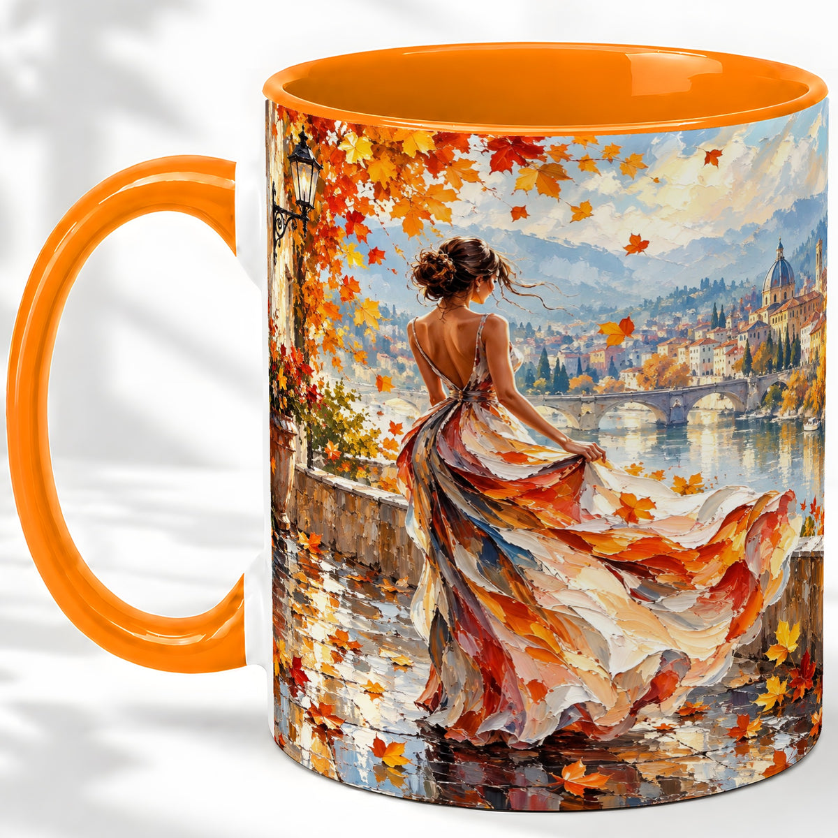 #pl[11oz|Orange] Autumn Riverside Woman Accent Mug with Scenic City Art for Coffee