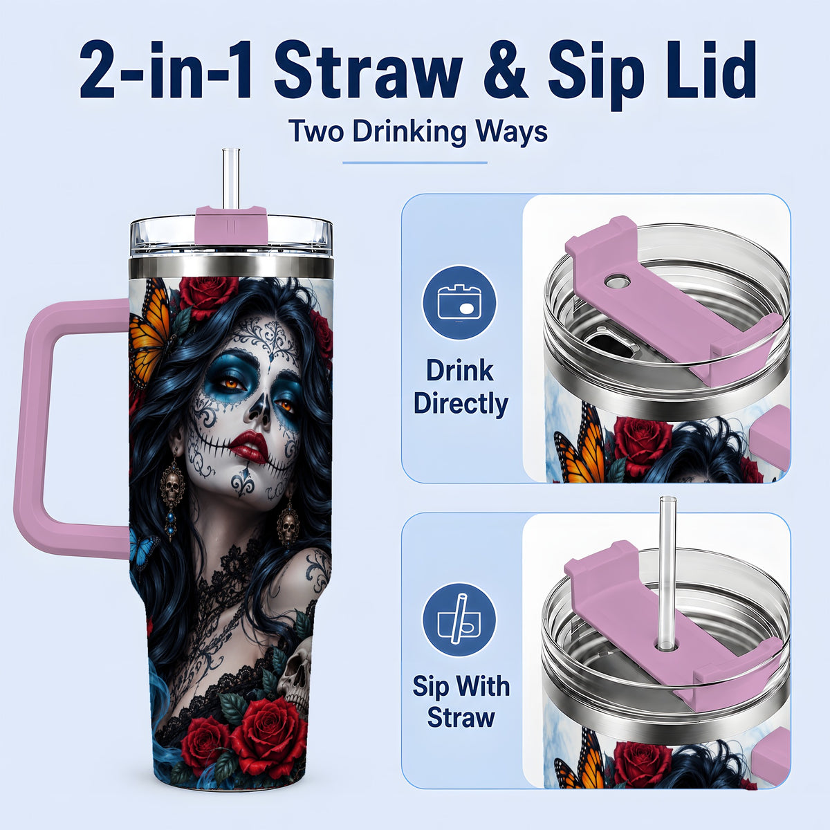 #pl[40oz|Pink] Sugar Skull Rose Butterfly 40oz Tumbler, Stainless Steel for Daily Use