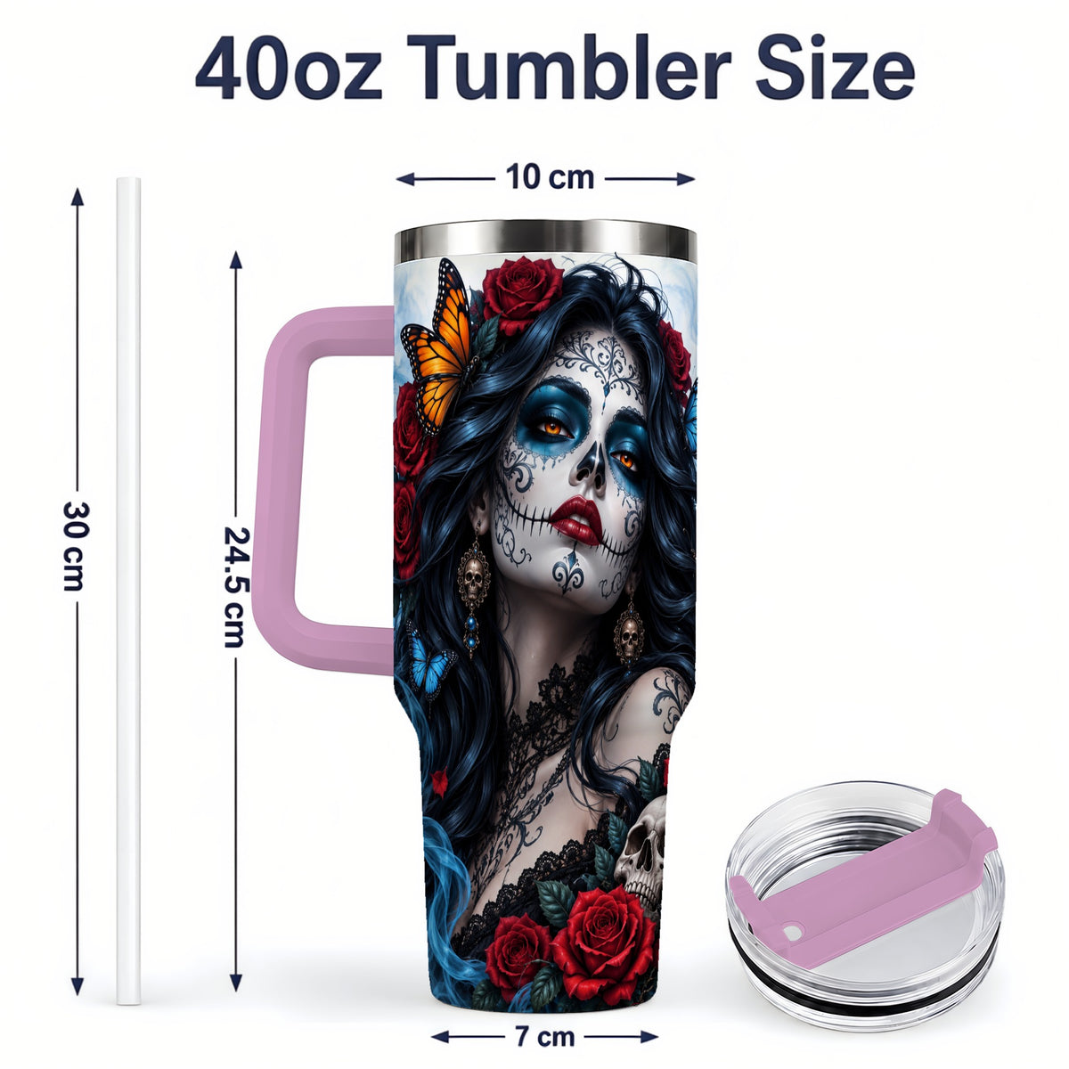 #pl[40oz|Pink] Sugar Skull Rose Butterfly 40oz Tumbler, Stainless Steel for Daily Use