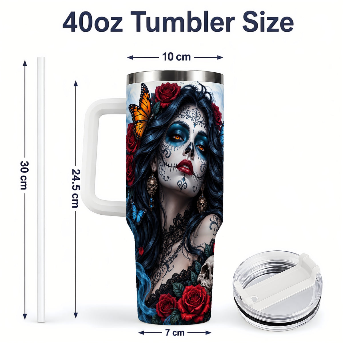 #pl[40oz|White] Sugar Skull Rose Butterfly 40oz Tumbler, Stainless Steel for Daily Use