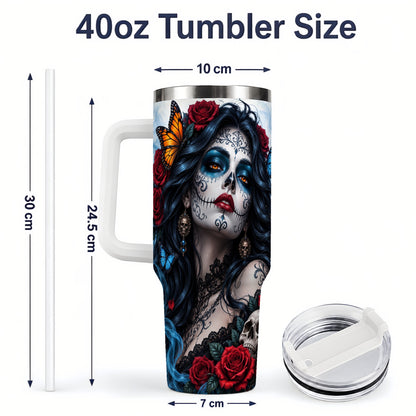 #pl[40oz|White] Sugar Skull Rose Butterfly 40oz Tumbler, Stainless Steel for Daily Use