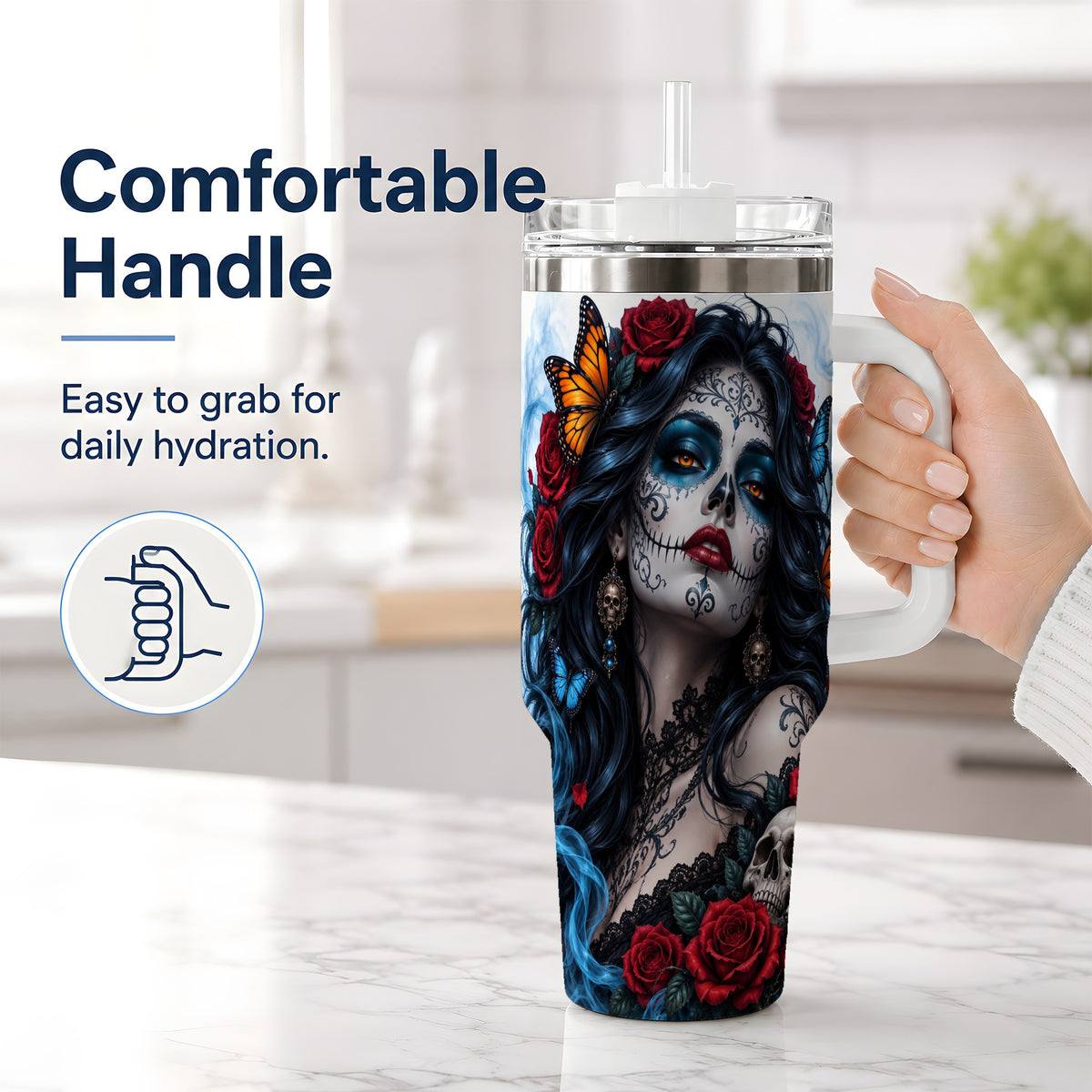 #pl[40oz|White] Sugar Skull Rose Butterfly 40oz Tumbler, Stainless Steel for Daily Use