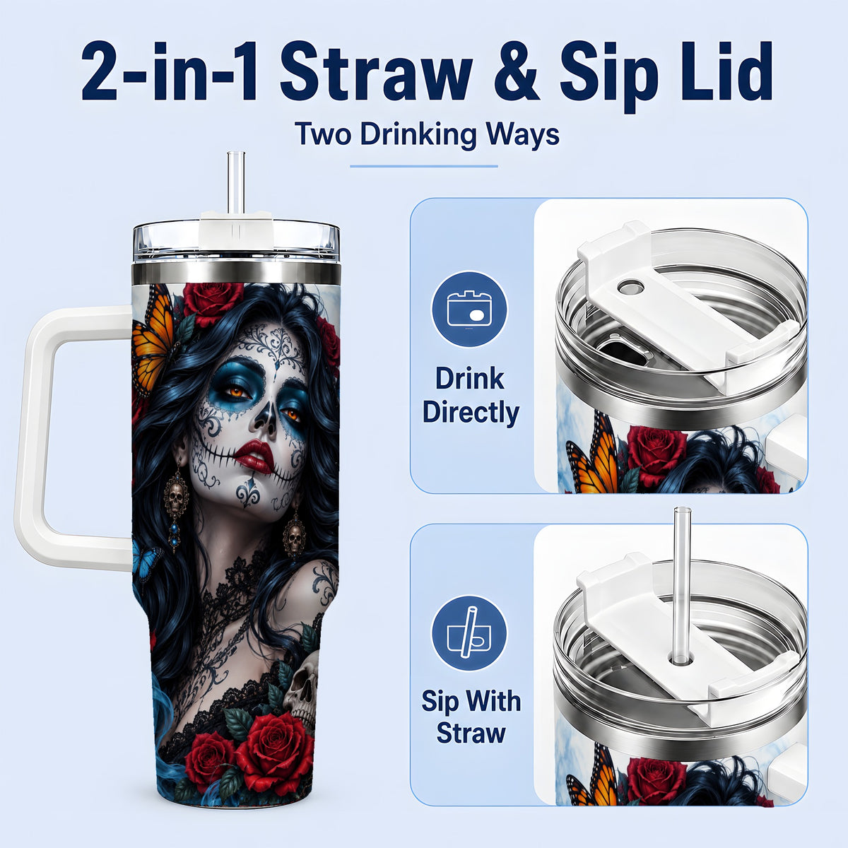 #pl[40oz|White] Sugar Skull Rose Butterfly 40oz Tumbler, Stainless Steel for Daily Use