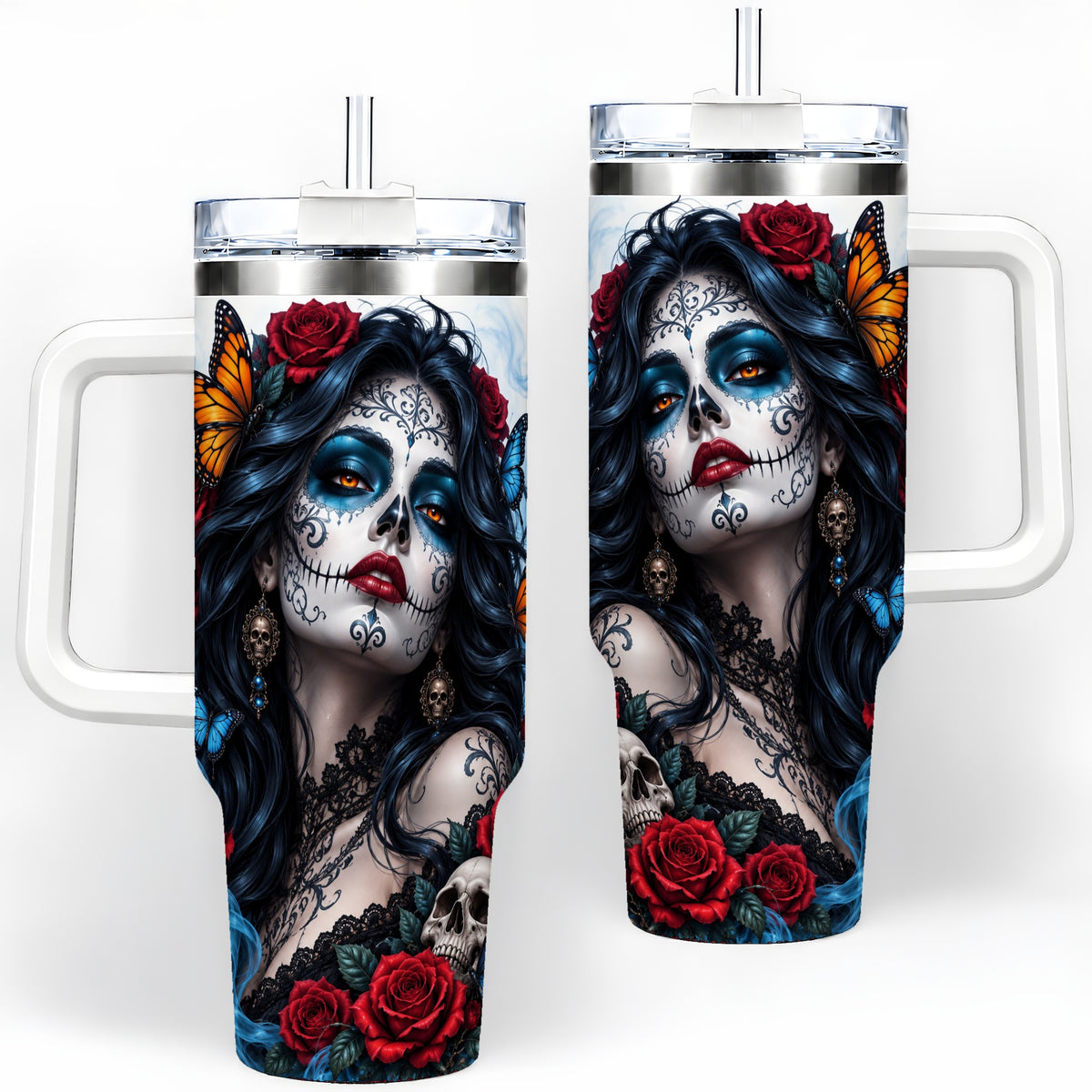 Sugar Skull Rose Butterfly 40oz Tumbler, Stainless Steel for Daily Use