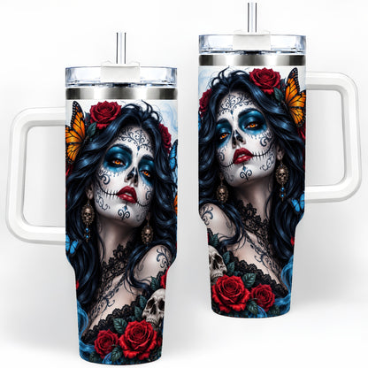 Sugar Skull Rose Butterfly 40oz Tumbler, Stainless Steel for Daily Use