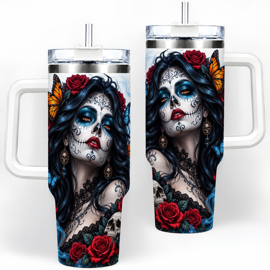 Sugar Skull Rose Butterfly 40oz Tumbler, Stainless Steel for Daily Use