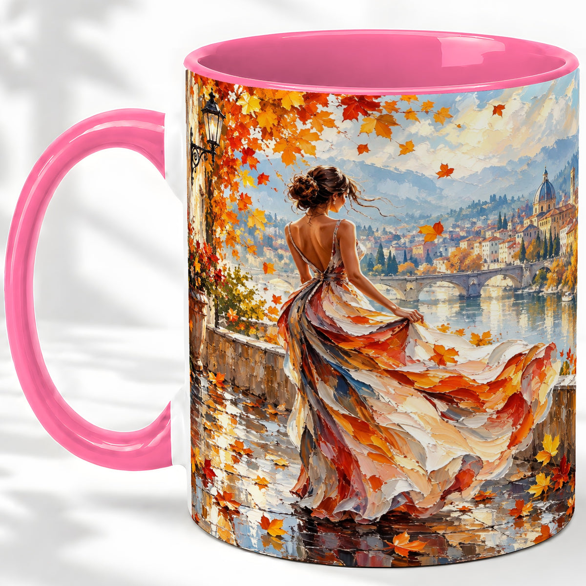 #pl[11oz|Pink] Autumn Riverside Woman Accent Mug with Scenic City Art for Coffee