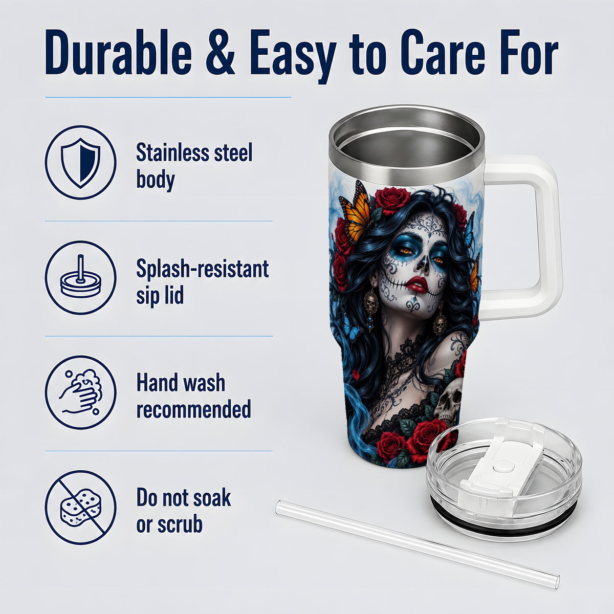 Sugar Skull Rose Butterfly 40oz Tumbler, Stainless Steel for Daily Use