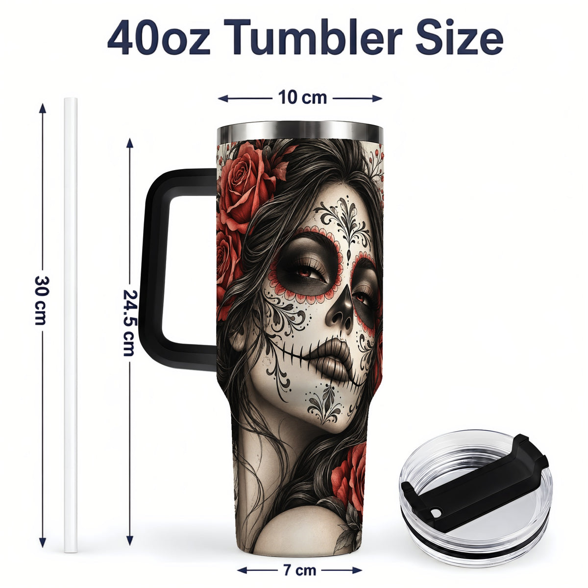 #pl[40oz|Black] Vintage Sugar Skull Rose 40oz Tumbler, Stainless Steel for Daily Use