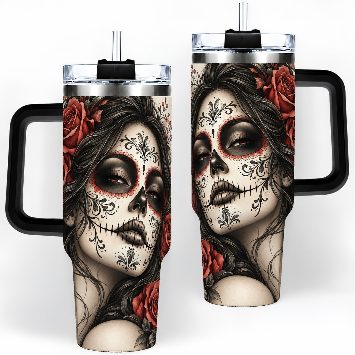 #pl[40oz|Black] Vintage Sugar Skull Rose 40oz Tumbler, Stainless Steel for Daily Use
