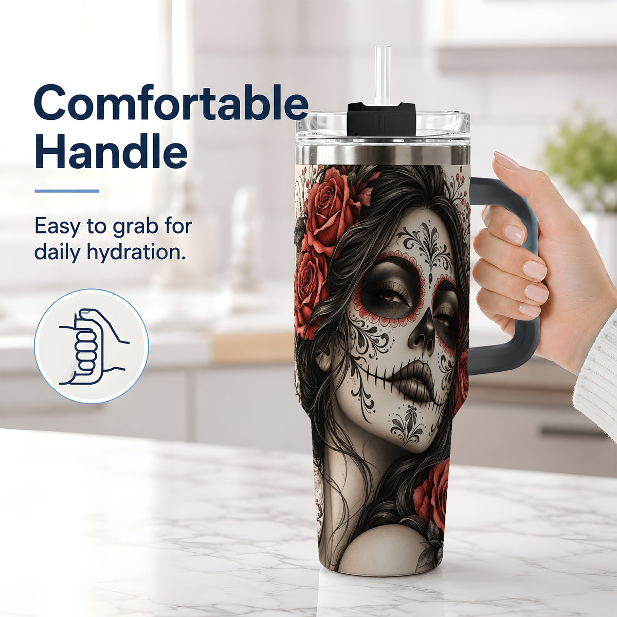 #pl[40oz|Black] Vintage Sugar Skull Rose 40oz Tumbler, Stainless Steel for Daily Use