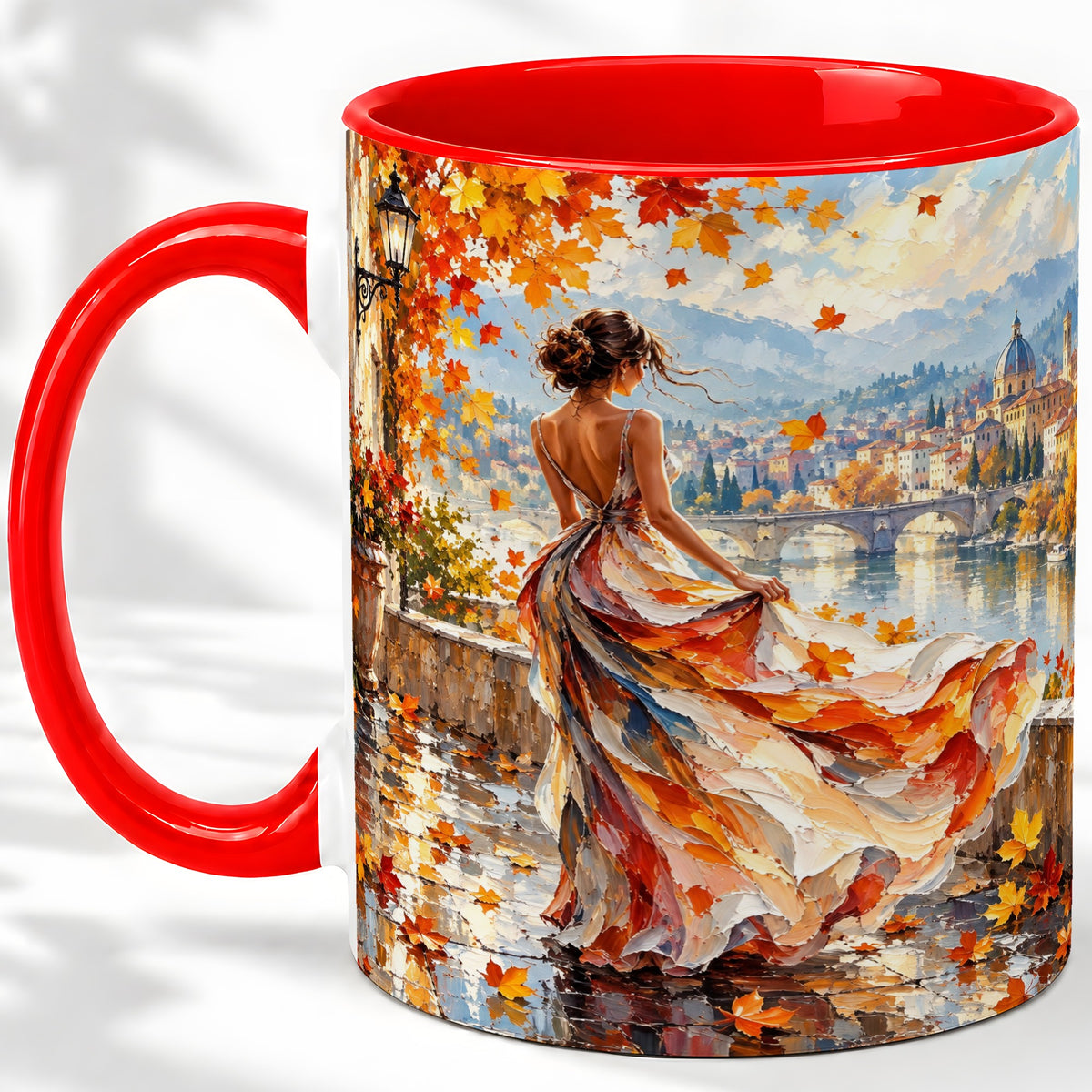 Autumn Riverside Woman Accent Mug with Scenic City Art for Coffee