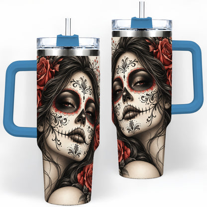 #pl[40oz|Blue] Vintage Sugar Skull Rose 40oz Tumbler, Stainless Steel for Daily Use