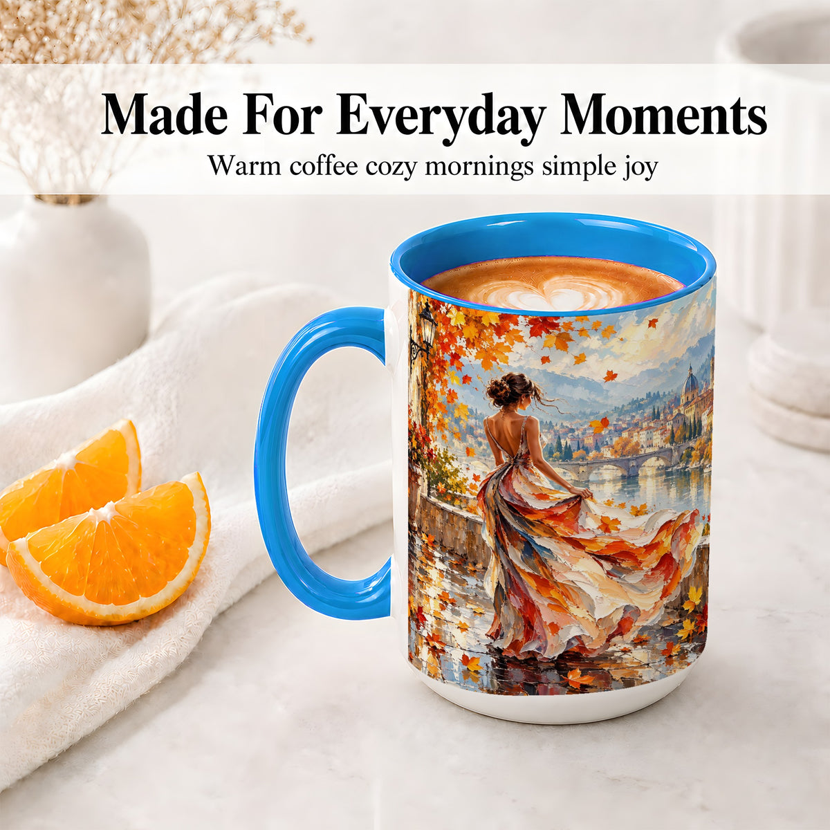 #pl[15oz|Blue] Autumn Riverside Woman Accent Mug with Scenic City Art for Coffee
