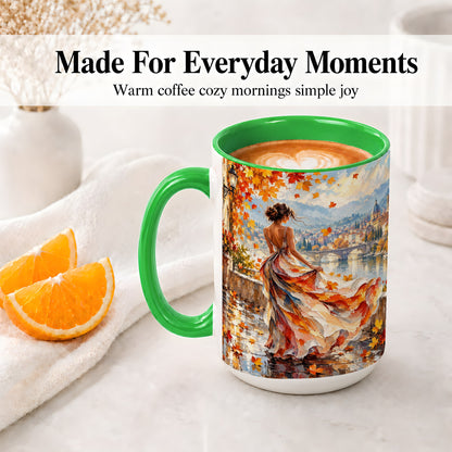#pl[15oz|Green] Autumn Riverside Woman Accent Mug with Scenic City Art for Coffee