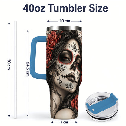 #pl[40oz|Blue] Vintage Sugar Skull Rose 40oz Tumbler, Stainless Steel for Daily Use