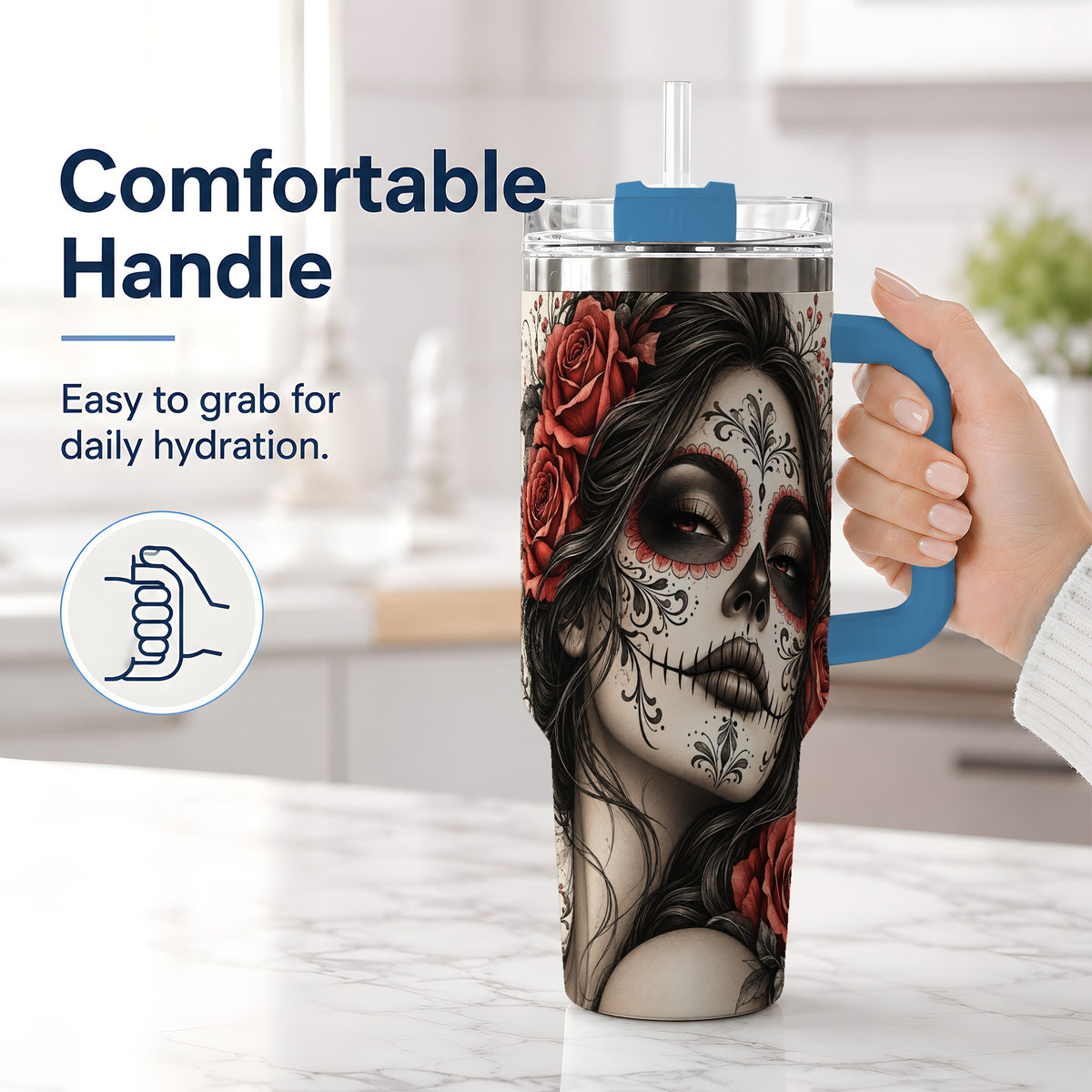 #pl[40oz|Blue] Vintage Sugar Skull Rose 40oz Tumbler, Stainless Steel for Daily Use