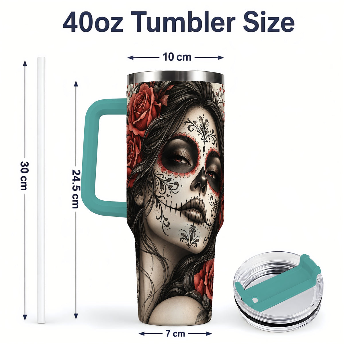 #pl[40oz|Green] Vintage Sugar Skull Rose 40oz Tumbler, Stainless Steel for Daily Use