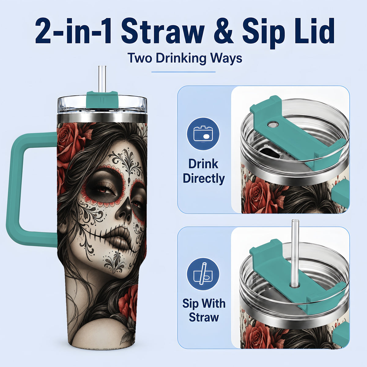 #pl[40oz|Green] Vintage Sugar Skull Rose 40oz Tumbler, Stainless Steel for Daily Use