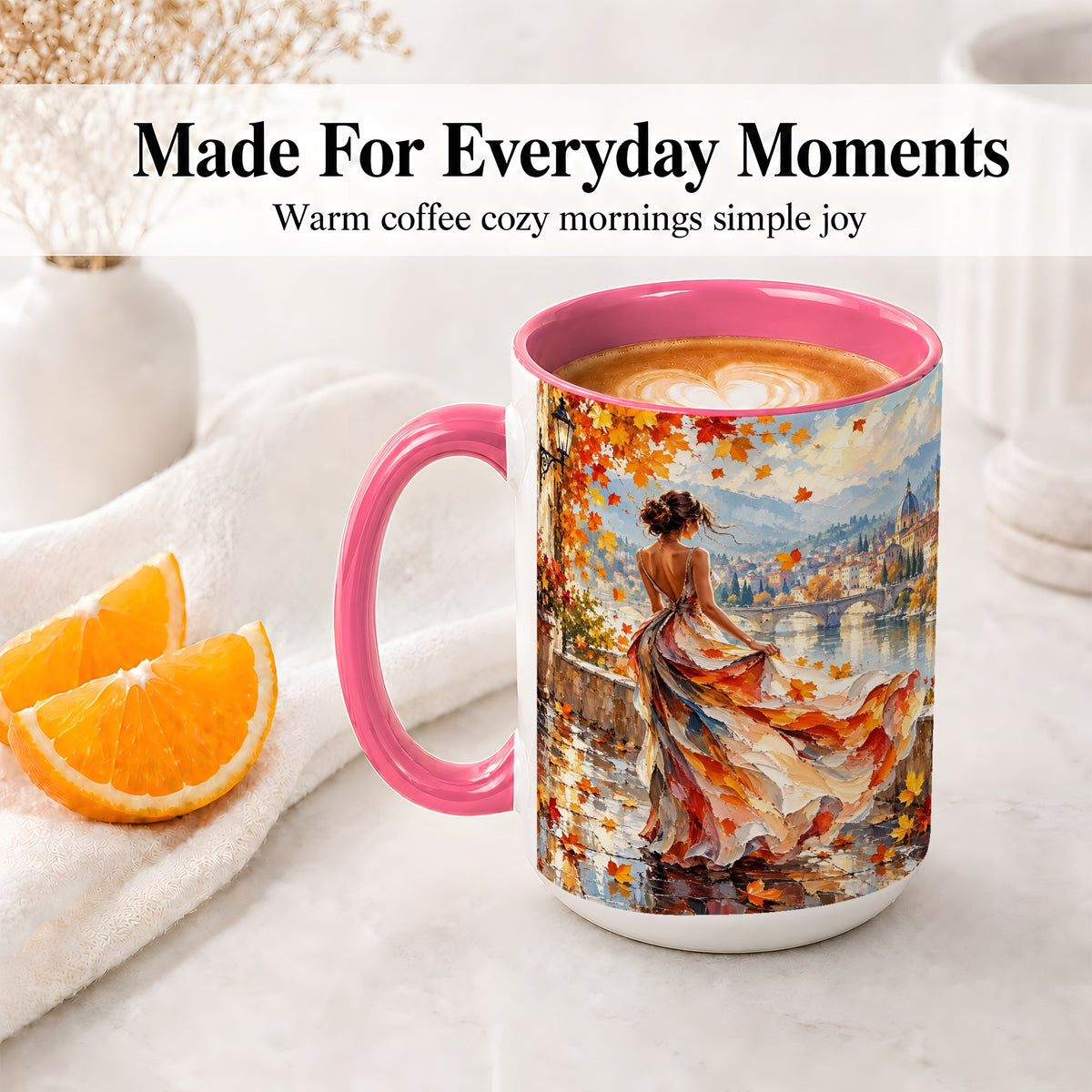 #pl[15oz|Pink] Autumn Riverside Woman Accent Mug with Scenic City Art for Coffee