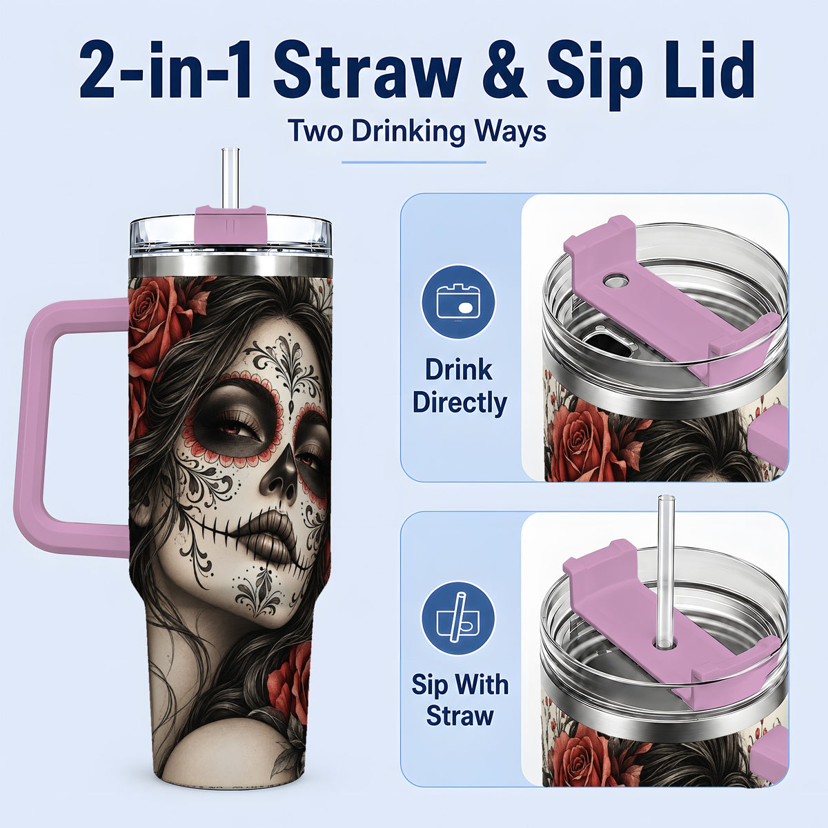 #pl[40oz|Pink] Vintage Sugar Skull Rose 40oz Tumbler, Stainless Steel for Daily Use