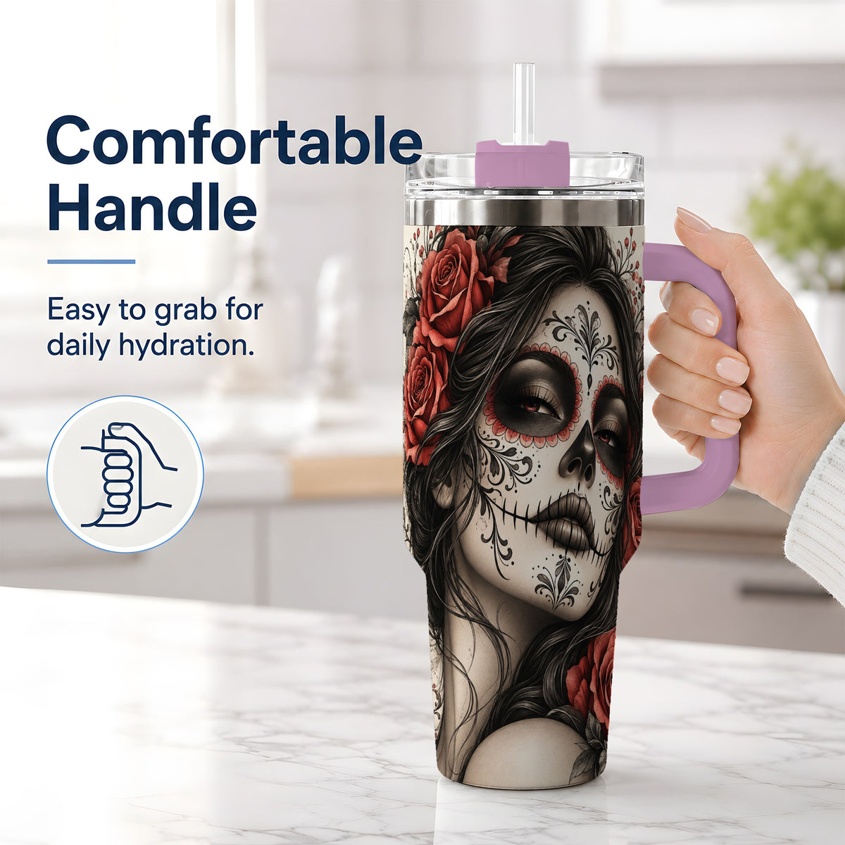 #pl[40oz|Pink] Vintage Sugar Skull Rose 40oz Tumbler, Stainless Steel for Daily Use