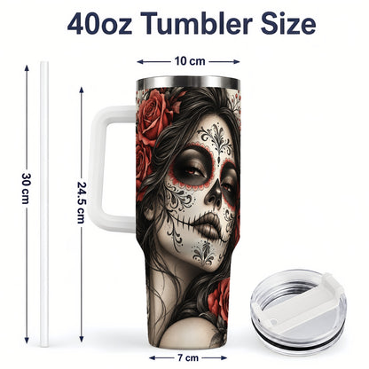#pl[40oz|White] Vintage Sugar Skull Rose 40oz Tumbler, Stainless Steel for Daily Use