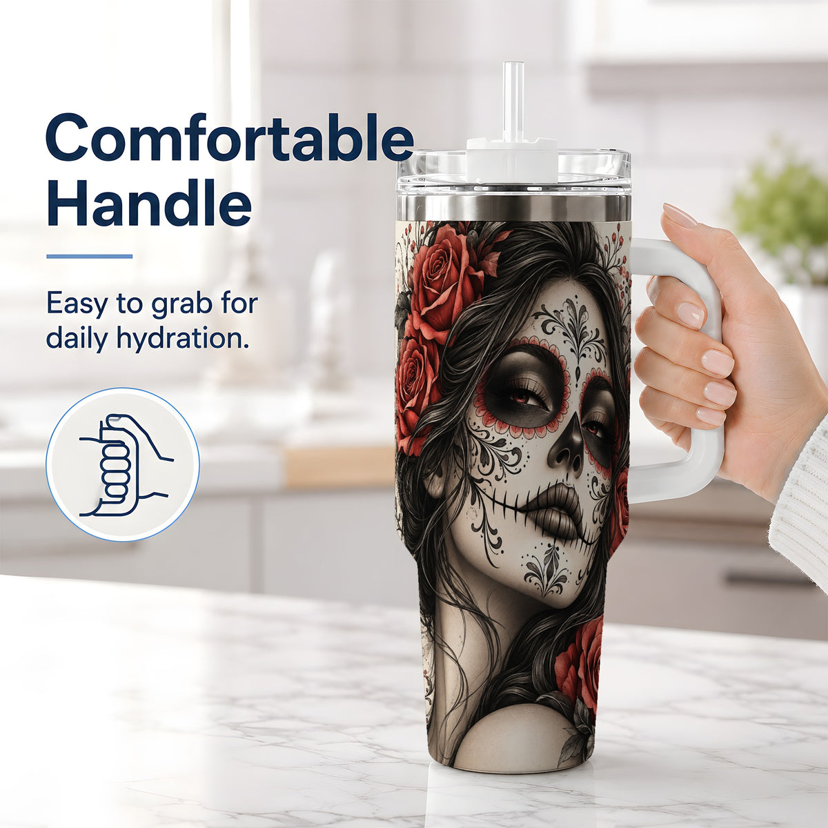 #pl[40oz|White] Vintage Sugar Skull Rose 40oz Tumbler, Stainless Steel for Daily Use