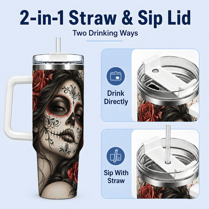 #pl[40oz|White] Vintage Sugar Skull Rose 40oz Tumbler, Stainless Steel for Daily Use