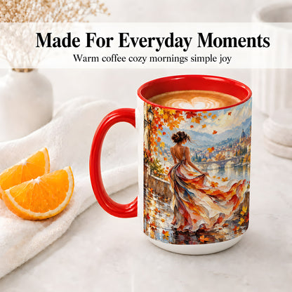 #pl[15oz|Red] Autumn Riverside Woman Accent Mug with Scenic City Art for Coffee