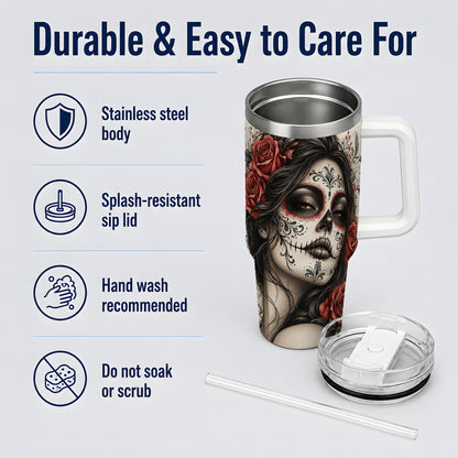 Vintage Sugar Skull Rose 40oz Tumbler, Stainless Steel for Daily Use