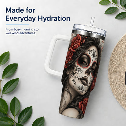 Vintage Sugar Skull Rose 40oz Tumbler, Stainless Steel for Daily Use
