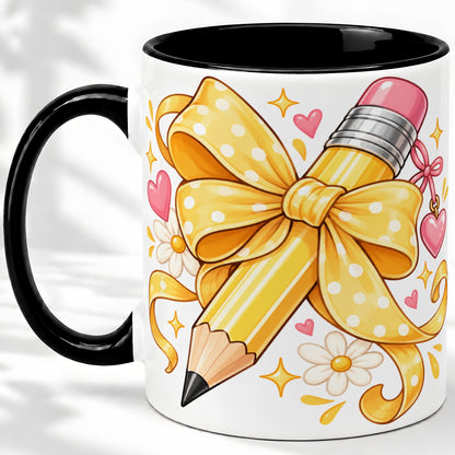 #pl[11oz|Black] Cute Pencil Bow Accent Mug with School Theme Daisy Art for Coffee