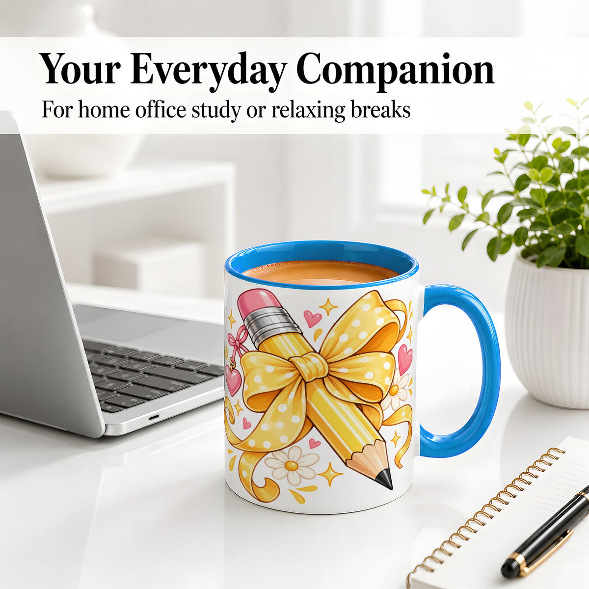 #pl[11oz|Blue] Cute Pencil Bow Accent Mug with School Theme Daisy Art for Coffee