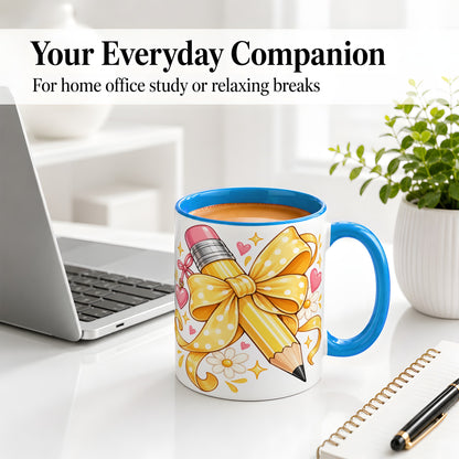 #pl[11oz|Blue] Cute Pencil Bow Accent Mug with School Theme Daisy Art for Coffee