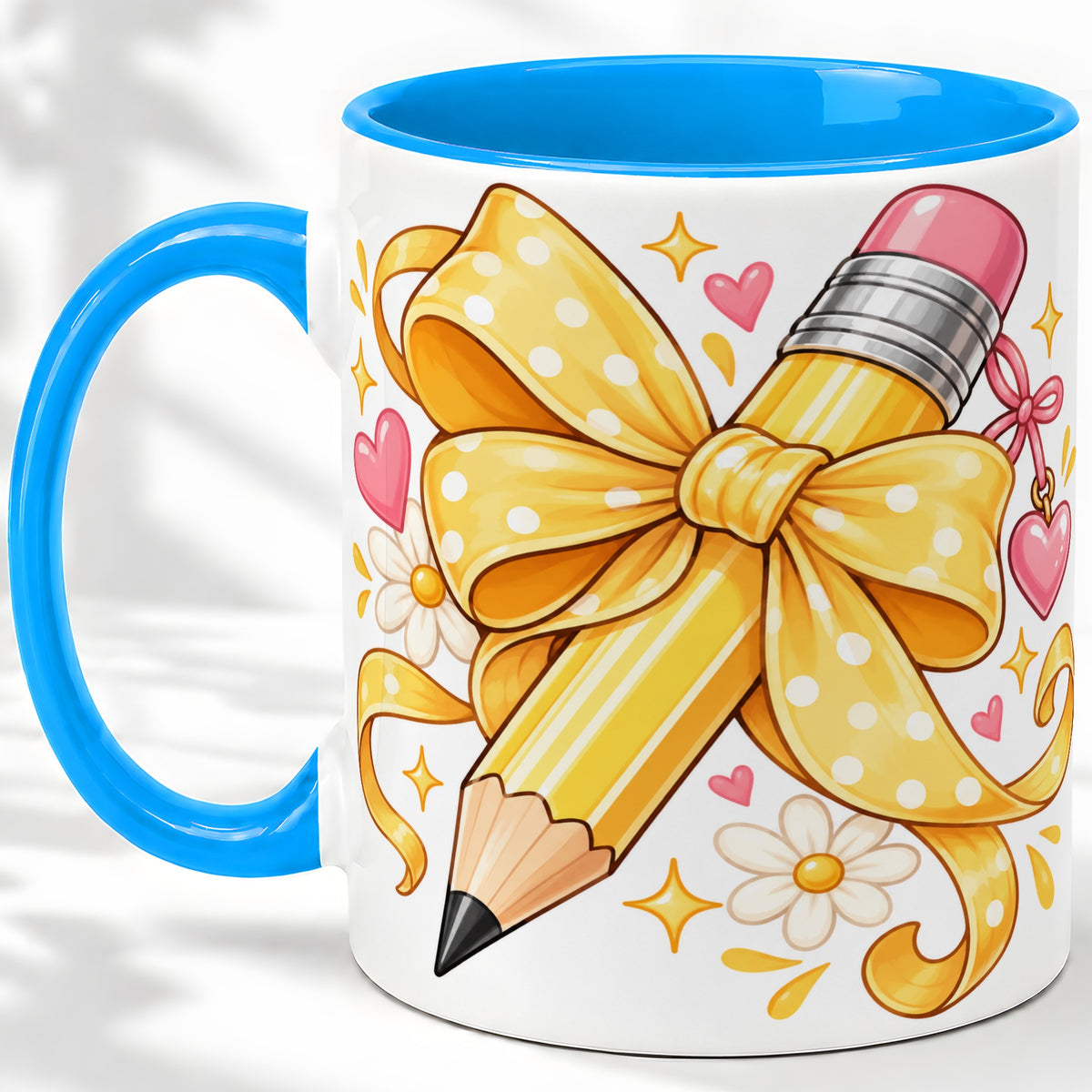 #pl[11oz|Blue] Cute Pencil Bow Accent Mug with School Theme Daisy Art for Coffee