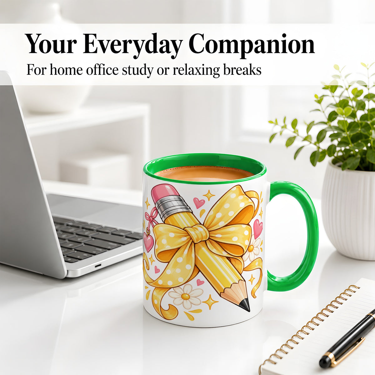 #pl[11oz|Green] Cute Pencil Bow Accent Mug with School Theme Daisy Art for Coffee
