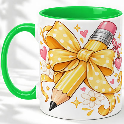 #pl[11oz|Green] Cute Pencil Bow Accent Mug with School Theme Daisy Art for Coffee